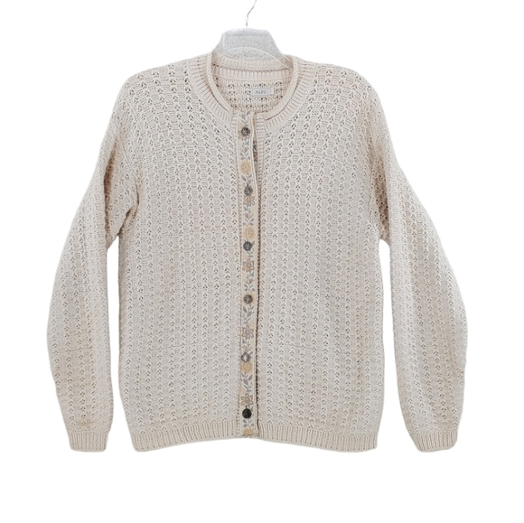 Vtg Alps Cardigan Sweater L Ivory Cotton Grandmacore Button-Up Needlepoint 80s - Picture 1 of 15